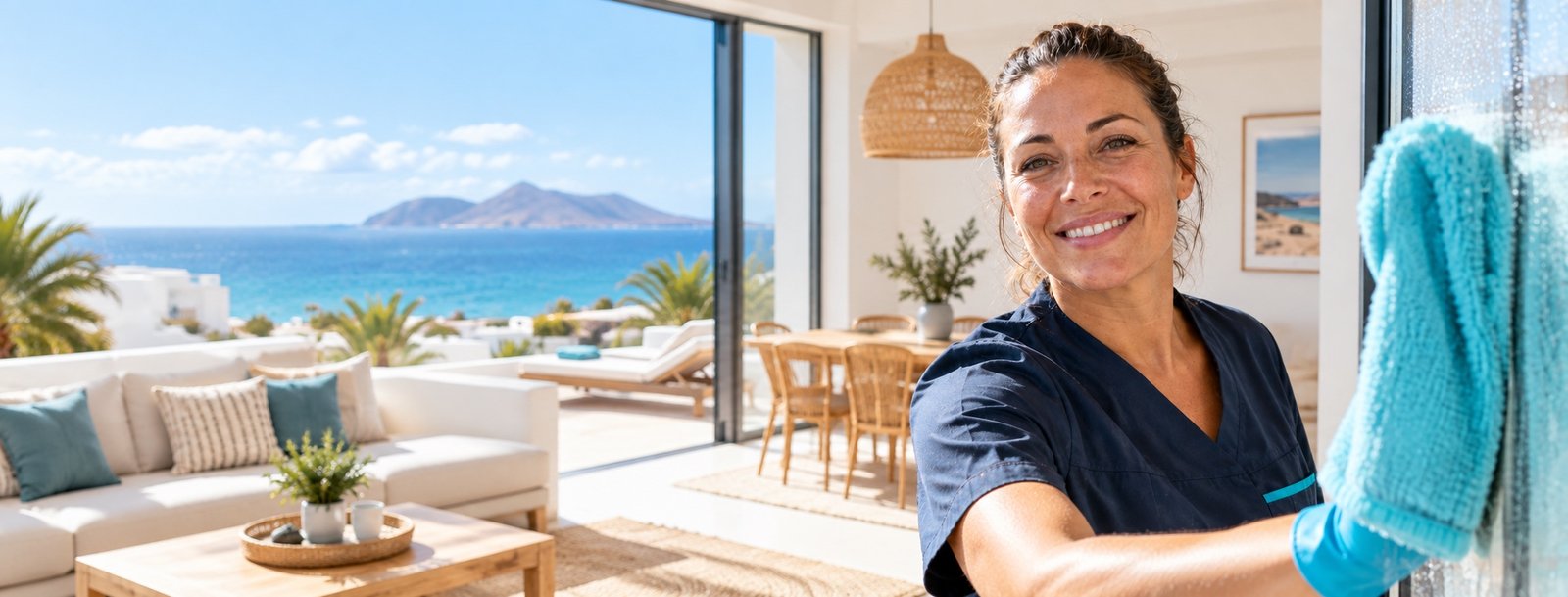 Profesional preparando con cuidado una cama en un alojamiento vacacional de Fuerteventura